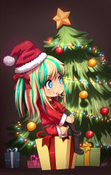 Rule 34 | 1girl, bell, belt, blonde hair, blue eyes, blunt bangs, bow, candy, candy cane, chibi, christmas tree, food, gift, green hair, hair bow, hair ribbon, hat, highres, idfer, long hair, long sleeves, mary janes, multicolored hair, ribbon, santa costume, santa hat, shoes, signature, sitting, skirt, smile, solo, thighhighs, two-tone hair, zettai ryouiki