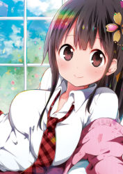 Rule 34 | 1girl, black hair, blue sky, blush, boshuu-chan, breasts, brown eyes, cardigan, checkered clothes, checkered necktie, checkered neckwear, chromatic aberration, close-up, cloud, cloudy sky, collared shirt, day, dress shirt, hair ornament, large breasts, long hair, looking at viewer, loose necktie, lying, necktie, on side, original, ragho no erika, rainbow, red necktie, shirt, sky, smile, solo, white shirt, window