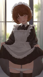 Rule 34 | 1girl, :d, apron, backlighting, black dress, black thighhighs, blush, bob cut, bow, bow panties, brown hair, closed eyes, clothes lift, cowboy shot, curtains, dress, dress lift, facing viewer, frilled apron, frills, head tilt, highres, indoors, jfjf, lifted by self, maid, maid headdress, open mouth, original, panties, panty pull, short hair, smile, solo, standing, thighhighs, underwear, white panties, window