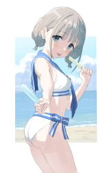 Rule 34 | 1girl, :p, ass, beach, bikini, blue eyes, blue sailor collar, blue sky, blush, border, breasts, cloud, commentary request, cowboy shot, day, food, foreshortening, from side, giving, grey hair, hair tie, hand up, head tilt, highres, holding, holding food, holding popsicle, horizon, idolmaster, idolmaster shiny colors, looking at viewer, looking back, low twintails, ocean, outdoors, outside border, outstretched arm, partial commentary, popsicle, sailor bikini, sailor collar, sailor swimsuit (idolmaster), serizawa asahi, short hair, short twintails, side-tie bikini bottom, sidelocks, sincos, sky, small breasts, standing, swimsuit, tongue, tongue out, twintails, water, white bikini, white border