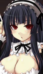 Rule 34 | 1girl, alternate costume, blush, breasts, cleavage, enmaided, female focus, houraisan kaguya, jema, large breasts, long hair, looking at viewer, lowres, maid, maid headdress, red eyes, solo, touhou
