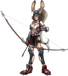 Rule 34 | 1girl, animal ears, ankle boots, armor, arrow (projectile), belt, black panties, boots, bow (weapon), breasts, choker, cleavage, cleavage cutout, clothing cutout, cosplay, crop top, dark-skinned female, dark skin, earrings, ears through headwear, elbow pads, final fantasy, final fantasy vii, final fantasy xii, fingerless gloves, fran (ff12), full body, fusion, gloves, greaves, helmet, high ponytail, highres, jewelry, large breasts, loincloth, long hair, mario grant, midriff, panties, rabbit ears, red eyes, silver hair, solo, square enix, tan, tifa lockhart, tifa lockhart (cosplay), transparent background, underwear, vambraces, viera, weapon