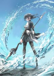 Rule 34 | 1boy, armor, back, black hair, blue background, blue eyes, bow, closed mouth, full body, harpoon, highres, original, science fiction, short hair, solo, standing, swav, water, weapon, white bow