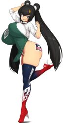 Rule 34 | 1girl, absurdres, apron, ass, black eyes, black hair, breasts, double bun, green apron, hair bun, hand up, harashima rojami, high heels, highres, large breasts, long hair, looking at viewer, makino momiji (artist), original, race queen, shirt, skindentation, smile, solo, thick thighs, thighhighs, thighs, tsurime, twintails, very long hair, white background, white shirt