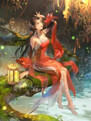Rule 34 | 1girl, absurdres, artist request, brown hair, chest cutout, detached sleeves, dress, facial mark, forehead mark, full body, grass, hair ornament, hair rings, highres, huo linger (wanmei shijie), lantern, light rays, long hair, looking up, moss, parted lips, red dress, second-party source, sitting, solo, strappy heels, wanmei shijie