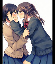 Rule 34 | 2girls, blush, brown eyes, brown hair, cardigan, eye contact, from side, hachiko (hati12), hands on another&#039;s face, long hair, long sleeves, looking at another, multiple girls, original, pillarboxed, school uniform, sidelocks, simple background, skirt, white background, yuri