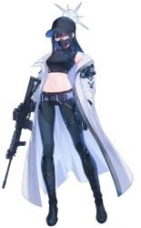 Rule 34 | 1girl, artist request, assault rifle, baseball cap, belt, belt buckle, blue archive, boots, breasts, buckle, full body, gloves, gun, hair between eyes, hand in pocket, hat, highres, holding, holding gun, holding weapon, holster, knife, long sleeves, looking at viewer, mask, medium breasts, midriff, navel, official art, rifle, saori (blue archive), sheath, sheathed, solo, standing, transparent background, weapon