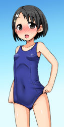 Rule 34 | a sort of colorfag, artist request, blush, breasts, covered navel, hair ornament, idolmaster, idolmaster cinderella girls, one-piece swimsuit, open mouth, ribs, sasaki chie, school swimsuit, short hair, small breasts, solo, swimsuit