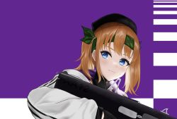 Rule 34 | 1girl, aa-12, aa-12 (girls&#039; frontline), aa-12 (girls&#039; frontline) (cosplay), absurdres, assault rifle, automatic shotgun, beret, black hat, blue eyes, camouflage hairband, closed mouth, codename696, combat shotgun, cosplay, girls&#039; frontline, gun, hat, highres, holding, holding gun, holding weapon, indie virtual youtuber, irodori mayoi, jacket, long hair, looking at viewer, orange hair, rifle, scar, scar on face, shotgun, simple background, solo, upper body, virtual youtuber, weapon, white jacket