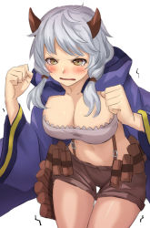 Rule 34 | 10s, 1girl, blush, breasts, brown eyes, cleavage, draph, granblue fantasy, hood, horns, jacket, kumuyu, kurione (zassou), large breasts, long hair, long sleeves, looking at viewer, low twintails, midriff, open clothes, open jacket, shorts, silver hair, solo, tears, trembling, twintails, wide sleeves
