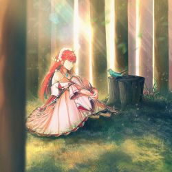 Rule 34 | 1girl, animal, bird, blue eyes, crown, dress, forest, full body, grass, hair ornament, highres, jewelry, lens flare, light rays, long hair, looking away, mini crown, miyabulb, nature, original, outdoors, pendant, plant, profile, red hair, scenery, sitting, solo, sunbeam, sunlight