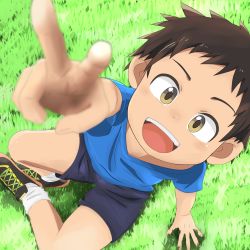 Rule 34 | 1boy, aged down, aota x, black shorts, blue skirt, blush, brown eyes, brown hair, child, day, eyebrows, eyelashes, grass, hand up, happy, highres, looking up, male focus, on ground, open mouth, original, outdoors, shadow, shiny clothes, shiny skin, shirt, shoes, short hair, short sleeves, shorts, skirt, smile, sneakers, socks, solo, solo focus, spiked hair, spread fingers, teeth, thighs, tongue, v