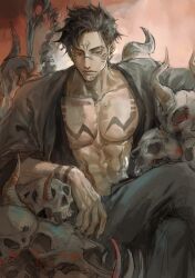 Rule 34 | 1boy, abs, absurdres, animal skull, arm tattoo, black hair, black nails, blood, chest tattoo, closed mouth, commentary, crossed legs, english commentary, expressionless, extra eyes, facial tattoo, fushiguro megumi, highres, jujutsu kaisen, long sleeves, male focus, muscular, muscular male, nipples, open clothes, pectorals, red eyes, ryoumen sukuna (jujutsu kaisen), short hair, sitting, stomach tattoo, tattoo, woshihedawei