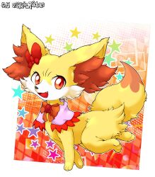 Rule 34 | :3, animal ear fluff, animal focus, artist name, border, bow, bowtie, brooch, capelet, clothed pokemon, creatures (company), dated, fang, fennekin, fox, full body, game freak, gem, gen 6 pokemon, gradient background, hair bow, happy, highres, jewelry, looking at viewer, lying, nintendo, no humans, on side, open mouth, orange background, orange bow, orange bowtie, outline, outside border, pink capelet, pokemon, pokemon (creature), red eyes, red gemstone, red trim, signature, smile, solo, star (symbol), twitter username, white border, white outline, yukkuringo