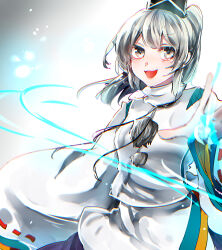 Rule 34 | 1girl, black hat, black ribbon, blue fire, blue skirt, commentary request, detached sleeves, eyelashes, fire, grey eyes, grey hair, hat, highres, japanese clothes, kariginu, long hair, long sleeves, looking at viewer, mononobe no futo, neck ribbon, open mouth, outstretched arm, pom pom (clothes), ponytail, pyrokinesis, ribbon, ribbon-trimmed sleeves, ribbon trim, skirt, smile, solo, suzune hapinesu, tate eboshi, touhou, turtleneck, v-shaped eyebrows, white background, white sleeves, wide sleeves
