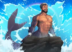 Rule 34 | abs, artist name, bara, beard, blue background, blue eyes, blue sky, brown hair, character request, copyright request, derivative work, facial hair, fins, fish tail, halo, highres, jewelry, looking to the side, male focus, merman, monster boy, muscular, muscular male, navel, necklace, open mouth, outdoors, pectorals, pointy ears, sai (serialmilq), short hair, sky, smile, splashing, tail, water