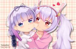 Rule 34 | 2girls, animal ears, azur lane, blue eyes, capelet, cheek-to-cheek, commentary request, crossover, dragon girl, dragon horns, fur trim, hair bobbles, hair ornament, hairband, heads together, heart, horns, hug, hug from behind, jacket, kanna kamui, kobayashi-san chi no maidragon, laffey (azur lane), long hair, long sleeves, multiple girls, naganawa maria, off shoulder, open clothes, open jacket, pink jacket, plaid, plaid background, purple hair, rabbit ears, red eyes, tetryondecay, twintails, voice actor connection