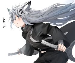 Rule 34 | 1girl, :p, animal ear fluff, animal ears, arknights, black jacket, closed mouth, commentary request, dual wielding, facing to the side, grey eyes, hair between eyes, hair ornament, hairclip, highres, holding, holding sword, holding weapon, horn/wood, jacket, lappland (arknights), long hair, long sleeves, silver hair, simple background, smile, solo, sword, tongue, tongue out, translation request, upper body, weapon, white background, wolf ears, wolf girl