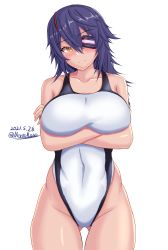 Rule 34 | 1girl, breasts, commentary request, competition swimsuit, covered navel, cowboy shot, eyepatch, highleg, highleg swimsuit, highres, kantai collection, large breasts, looking at viewer, montemasa, one-hour drawing challenge, one-piece swimsuit, purple hair, short hair, simple background, smile, solo, standing, swimsuit, tenryuu (kancolle), white background, white one-piece swimsuit, yellow eyes