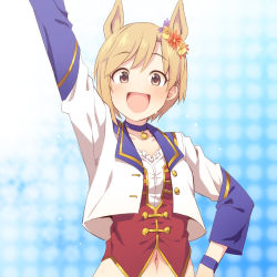 Rule 34 | 1girl, aiba yumi, animal ears, arm up, blue background, blurry, blurry background, blush, brown eyes, buttons, choker, collarbone, commentary, extra ears, flower, frills, hair flower, hair ornament, hand on own hip, horse ears, idolmaster, idolmaster cinderella girls, jacket, light brown hair, long sleeves, looking at viewer, navel, open mouth, polka dot, polka dot background, pun, red vest, short hair, smile, solo, starting future (umamusume), sweat, uccow, umamusume, upper body, vest, white jacket