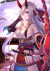 Rule 34 | 1girl, absurdres, blue ribbon, bow (weapon), breasts, day, detached sleeves, fate/grand order, fate (series), floating hair, hair between eyes, hand in own hair, headband, highres, holding, holding bow (weapon), holding weapon, horns, large breasts, long hair, looking at viewer, outdoors, red eyes, ribbon, sheath, sheathed, sideboob, silver hair, smile, solo, sword, tomoe gozen (fate), very long hair, weapon