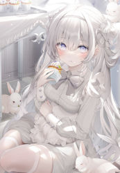 Rule 34 | 1girl, :t, animal, apron, blue eyes, blush, bow, breasts, closed mouth, collared dress, commentary request, cupcake, double bun, dress, eating, food, food on face, frilled apron, frills, grey bow, grey dress, grey hair, grey hairband, hair between eyes, hair bun, hairband, holding, holding food, indoors, long hair, long sleeves, medium breasts, navy (navy.blue), original, puffy long sleeves, puffy sleeves, rabbit, solo, thighhighs, very long hair, white apron, white theme, white thighhighs