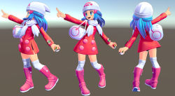 Rule 34 | 1girl, 3d, :d, arnaud tegny, bag, blue eyes, blue hair, boots, coat, contrapposto, creatures (company), dawn (pokemon), full body, game freak, highres, long hair, multiple views, nintendo, open mouth, over-kneehighs, poke ball, pokemon, pokemon dppt, pokemon platinum, scarf, smile, standing, thighhighs, white thighhighs
