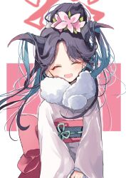 Rule 34 | 1girl, absurdres, black hair, blue archive, closed eyes, flower, fur collar, fuuka (blue archive), fuuka (new year) (blue archive), hair bun, hair flower, hair ornament, halo, highres, horns, japanese clothes, kimono, long hair, long sleeves, nyou 0, obi, open mouth, pink background, sash, single hair bun, smile, solo, two-tone background, upper body, white background, white kimono, wide sleeves