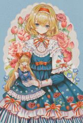 Rule 34 | 1girl, alice margatroid, animal, blonde hair, blue dress, blue eyes, bug, butterfly, capelet, closed mouth, doll, dress, floral print, flower, food print, hair between eyes, hairband, highres, hourai kiriri, insect, lolita hairband, long sleeves, looking at viewer, pink flower, red hairband, shanghai doll, short hair, solo, strawberry print, touhou, white capelet, white flower