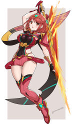 Rule 34 | 1girl, absurdres, blush, boots, breasts, covered navel, fingerless gloves, fire, gloves, gonzarez, highres, holding, holding sword, holding weapon, large breasts, pyra (xenoblade), red eyes, red hair, short hair, simple background, skindentation, solo, sword, thighhighs, thighs, weapon, xenoblade chronicles (series), xenoblade chronicles 2