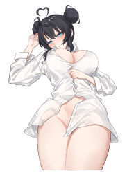 Rule 34 | 1girl, absurdres, ahoge, aningay, arm up, black hair, blue eyes, blush, breasts, collared shirt, double bun, dress shirt, groin, hair between eyes, hair bun, heart, heart ahoge, highres, large breasts, long sleeves, looking at viewer, naked shirt, original, parted lips, shirt, simple background, solo, white background, white shirt