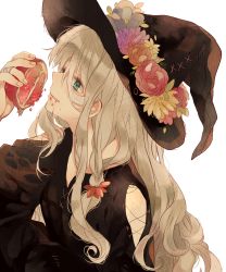 Rule 34 | 1girl, bad id, bad pixiv id, bandages, blonde hair, braid, dripping, eating, flower, food, fruit, green eyes, hat, highres, holding, lingmuzi, long hair, original, pomegranate, side braid, simple background, solo, tears, wavy hair, white background, witch, witch hat