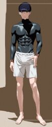 Rule 34 | 1boy, abs, barefoot, black hair, black wetsuit, bodysuit, brown eyes, diving suit, expressionless, full body, ishihama masashi, looking to the side, male focus, original, short hair, shorts, solo, toned, toned male, wetsuit