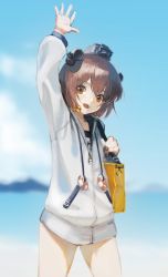 Rule 34 | 1girl, absurdres, bag, blurry, blurry background, brown eyes, brown hair, hand up, hara shoutarou, highres, holding, holding bag, kantai collection, looking at viewer, school swimsuit, short hair, smile, solo, standing, swimsuit, swimsuit under clothes, yukikaze (kancolle)