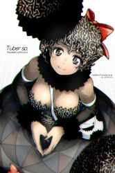 Rule 34 | 1girl, black hair, black nails, bow, breasts, character name, cleavage, dated, detached sleeves, dress, from above, fur collar, hair bow, large breasts, looking at viewer, multicolored hair, mushroom girl, nail polish, original, oso (toolate), own hands together, red bow, short hair, simple background, smile, solo, watermark, web address, white hair