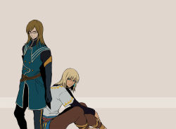 Rule 34 | 00s, 2boys, blonde hair, blue eyes, brown hair, flat color, glasses, jade curtiss, layered sleeves, long sleeves, male focus, multiple boys, pants, peony ix, red eyes, short over long sleeves, short sleeves, tales of (series), tales of the abyss, tsukiko (doll house), uniform