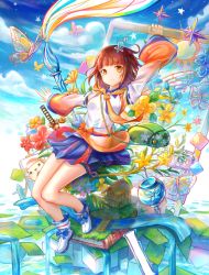 Rule 34 | 1girl, bag, blue bow, blue skirt, blush, book, boots, bow, breasts, bridge, brown eyes, brown hair, bug, butterfly, closed mouth, day, flower, full body, hair flower, hair ornament, handbag, house, insect, kutsunohito, looking at viewer, medium breasts, orange bow, original, outdoors, paintbrush, river, short hair, skirt, smile, solo, white footwear, wind chime