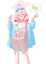 Rule 34 | 1girl, absurdres, bikini, bikini skirt, blue archive, blue jacket, breasts, cleavage, closed eyes, drooling, eyewear on head, facing viewer, hair bobbles, hair ornament, halo, hands up, highres, hoshino (blue archive), hoshino (swimsuit) (blue archive), imagining, jacket, leaning forward, legs apart, long hair, midriff, navel, off shoulder, open clothes, open jacket, pillow, pink hair, sleepy, small breasts, solo, speech bubble, spoken object, standing, sunglasses, swimsuit, twintails, very long hair, white bikini, xintianou