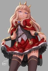 Rule 34 | 10s, 1girl, 2015, black thighhighs, blonde hair, blue eyes, blush, cagliostro (granblue fantasy), cape, clothes lift, crown, dated, granblue fantasy, grey background, long hair, looking at viewer, signature, simple background, skirt, skirt lift, smile, solo, sumeragi seisuke, thighhighs, zettai ryouiki