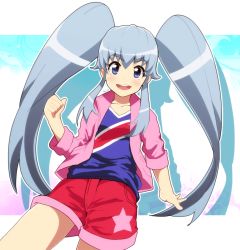 Rule 34 | 10s, 1girl, alternate costume, blue eyes, blue hair, blue shirt, blush, collarbone, cure princess, happinesscharge precure!, highres, jacket, long hair, matching hair/eyes, md5 mismatch, precure, resolution mismatch, shirayuki hime, shirt, shorts, sidelocks, smile, solo, source smaller, tanashi (mk2), twintails