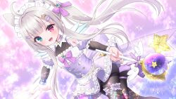 Rule 34 | 1girl, :d, ahoge, black pantyhose, black sleeves, blue eyes, chitosezaka suzu, commentary request, commission, copyright request, crescent, dress, fish hair ornament, floating hair, frilled dress, frills, glowing, grey hair, hair ornament, heterochromia, high heels, highres, holding, holding wand, layered sleeves, long hair, long sleeves, maid headdress, open mouth, orb, panties, panties under pantyhose, pantyhose, puffy short sleeves, puffy sleeves, purple dress, purple footwear, purple sleeves, red eyes, shoes, short over long sleeves, short sleeves, skeb commission, smile, solo, star (symbol), star hair ornament, striped clothes, striped panties, thighband pantyhose, twintails, underwear, very long hair, virtual youtuber, wand