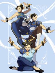 Rule 34 | 1girl, absurdres, aged up, black hair, breasts, capcom, china dress, chinese clothes, chun-li, crossed legs, dress, earrings, fighting stance, full body, grin, highres, jewelry, large breasts, leggings, legs, looking at viewer, panties, pantyhose, pelvic curtain, serious, sitting, smile, standing, street fighter, street fighter 6, street fighter zero (series), thighs, underwear