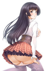 Rule 34 | 1girl, ass, bad id, bad pixiv id, black hair, blush, bra, breasts, clothes pull, frilled skirt, frills, from behind, large breasts, long hair, long sleeves, looking at viewer, looking back, open clothes, open shirt, original, panties, panty pull, pantyhose, pantyhose pull, pink panties, shirt, skirt, solo, takahata yuki, underwear, white background