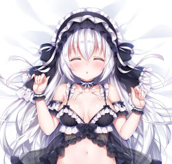 Rule 34 | 1girl, :o, babydoll, blush, breasts, cleavage, closed eyes, detached collar, gothic lolita, lolita fashion, long hair, lying, medium breasts, mitsuba choco, navel, on back, open mouth, original, parted lips, silver hair, solo