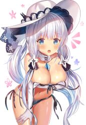 Rule 34 | 1girl, :o, ame sagari, azur lane, bare shoulders, bikini, black bikini, black ribbon, blue eyes, blush, breasts, brooch, cleavage, collarbone, commentary request, cowboy shot, detached collar, elbow gloves, embarrassed, floating hair, floral background, front-tie bikini top, front-tie top, gloves, hair ribbon, hand on own thigh, hat, illustrious (azur lane), jewelry, large breasts, leaning forward, long hair, looking at viewer, mismatched bikini, navel, notice lines, open mouth, ribbon, shiny skin, side-tie bikini bottom, sidelocks, simple background, solo, standing, stomach, sweat, swimsuit, tareme, thigh gap, tress ribbon, tri tails, untied bikini, very long hair, white background, white bikini, white gloves, white hair, white hat