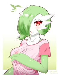 Rule 34 | 1girl, absurdres, akatori (redbird), artist name, blush, breasts, collarbone, creatures (company), dated, female focus, game freak, gardevoir, gen 3 pokemon, gradient background, green hair, hair over one eye, hand up, highres, large breasts, looking at viewer, nintendo, open mouth, personification, pink shirt, pokemon, pokemon (creature), red eyes, shiny skin, shirt, short hair, short sleeves, simple background, solo, twitter username, upper body, watermark, yellow background