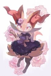 Rule 34 | 1girl, animal ear fluff, animal ears, animal nose, black fur, bow, braixen, braixen (halloween), creatures (company), digitigrade, dress, dress bow, fang, floral background, flower, fox ears, full body, furry, furry female, game freak, gen 6 pokemon, hair flower, hair ornament, hand on own hip, highres, holding, holding stick, ikei, lace, lace-trimmed dress, lace trim, looking at viewer, nintendo, open mouth, orange eyes, orange fur, pink flower, pokemon, pokemon (creature), pokemon cafe remix, purple bow, purple dress, red nose, smile, snout, solo, stick, tsurime, white background, white fur, yellow fur