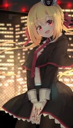 Rule 34 | 1girl, absurdres, arihara nanami, black dress, black pantyhose, blonde hair, blush, bow, city, collared shirt, dress, eyebrows hidden by hair, fence, frills, gloves, hair between eyes, hands on stomach, hat, highres, long hair, looking at viewer, necktie, nodoameyatou, open mouth, pantyhose, red bow, red eyes, red necktie, red ribbon, ribbon, riddle joker, shirt, sidelocks, skirt, smile, solo, twintails, white gloves, wing collar, yuzu-soft