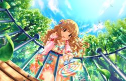 Rule 34 | 10s, 1girl, :3, artist request, bird, blue sky, blush, bracelet, breasts, brown eyes, brown hair, candy, cleavage, cloud, collarbone, day, dress, dutch angle, falling leaves, food, from below, hair ornament, hairclip, idolmaster, idolmaster cinderella girls, idolmaster cinderella girls starlight stage, jewelry, lollipop, long hair, long sleeves, looking at viewer, medium breasts, moroboshi kirari, necklace, official art, open mouth, orange dress, outdoors, railing, sky, smile, solo, sunlight, swirl lollipop, tree, wavy hair