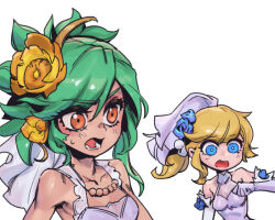 Rule 34 | 2girls, bare shoulders, bead necklace, beads, blue eyes, blush, breasts, character request, collarbone, crystal rose lux, detached sleeves, flower, green hair, hair flower, hair ornament, jewelry, league of legends, long hair, lux (league of legends), multiple girls, necklace, open mouth, orange eyes, orange flower, phantom ix row, ponytail, small breasts, sweatdrop, upper body, veil